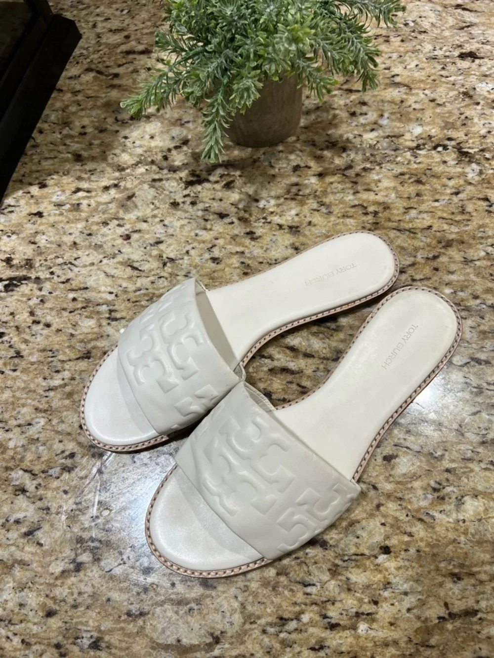 Tory Burch Everly High Frequency White Logo Embossed Slide Sandals 9.5M